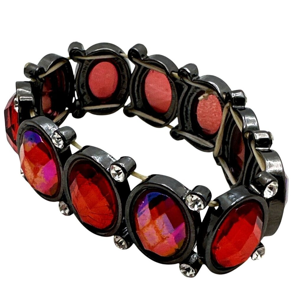Vintage Inspired Red Iridescent Stretch Bracelet Rhinestone Holiday Formal Party